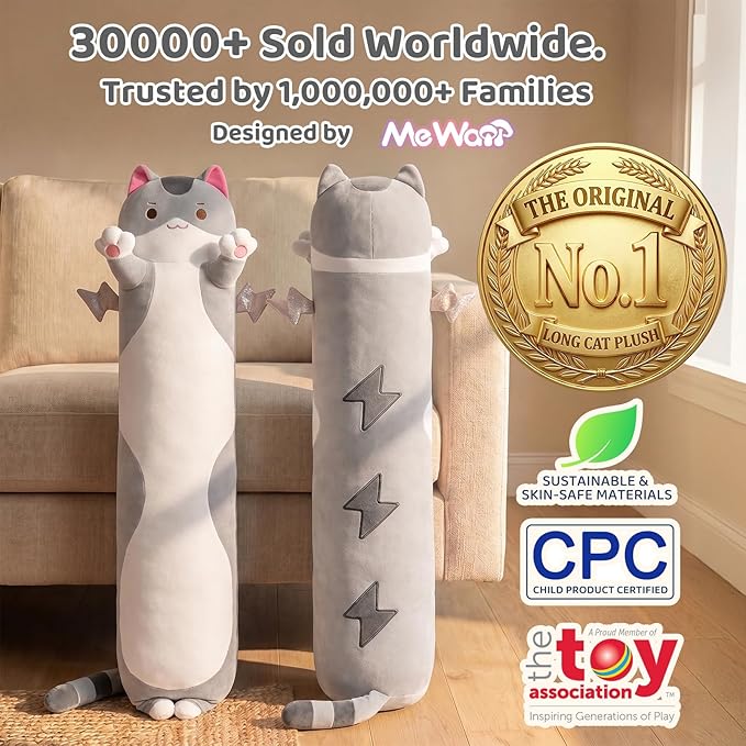 Mewaii Long Cat Plush 5 Sizes, 120% Extra Filling Giant Plushness Kids Body Pillow, Kawaii Cute Grey Cat Stuffed Animals Plushies, Big Long Body Pillow Plush Gift for Girls 28”