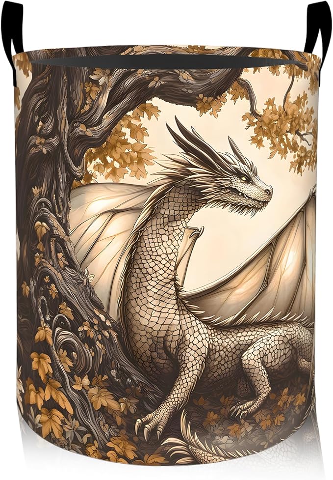 Autumn Dragon Laundry Basket, Oxford Cloth Mythical Fantasy Dirty Clothes Collapsible Hamper for Room Decor, Fall Forest Print Gifts Toy Organizer 19.7 * 15.8 Inch for Bedroom Bathroom Dorm