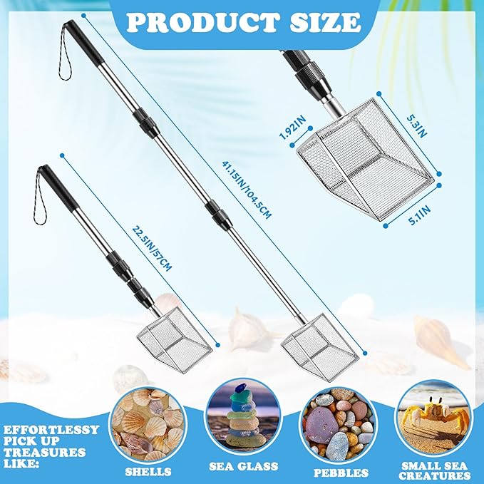 2 Ps Shell Scooper for Beach, Shark Tooth Sifter with Stainless Steel Adjustable Long Handle, Sand Sifter and Shovel Tool for The Beach to Collecting Shells, Shark Teeth Dipper for Kids and Adults