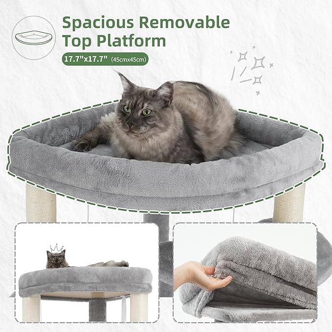 Gitelsnour Corner Cat Tree for Indoor Cats, Cat Tower with All Sisal Scratching Posts, Multi-Level Cat Condo wth Cat Cave, Large Top Perch, Hanging Basket, Sisal Ramp, Light Gray GCT025W