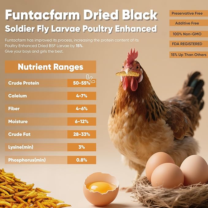 10LB Premium Dried Black Soldier Fly Larvae - Non-GMO BSFL Insect Chicken Feed with 50%+ Protein, Superior to Meal Worms for Wild Birds & Chicken Treats for Laying Hens, Grubs with More Calcium
