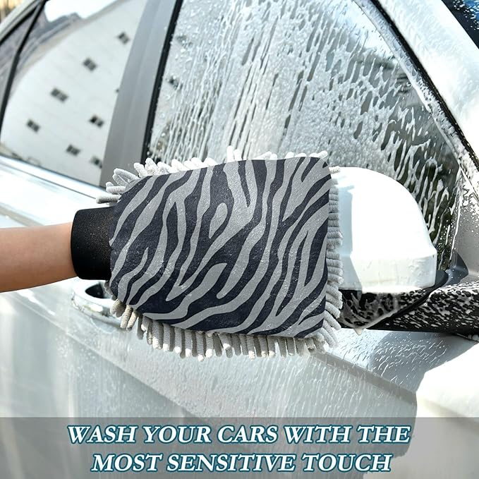 Car Wash Mitt Microfiber Wash Mitts for Car Washing Scratch-Free Cleaning Gloves Soft Non Absorbent Chenille Auto Hand Mitt Large 2Pack Grey Zebra Print