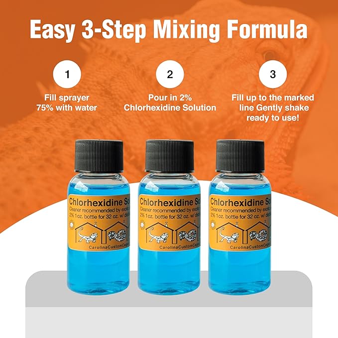 3 Refills of 32 oz Each, Chlorhexidine Solution 2%, Chlorhexidine Cleaning Solution, Chlorhexidine Spray for Reptile Habitats