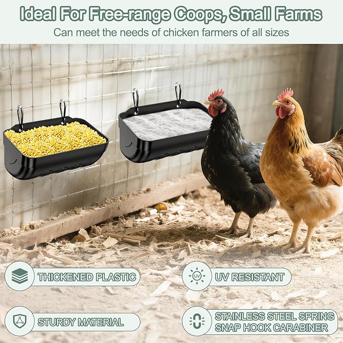 Goat Feeders Hanging, Chicken Waterer Feeder Trough for Poultry Livestock (3 * 3.5 Quart Black)