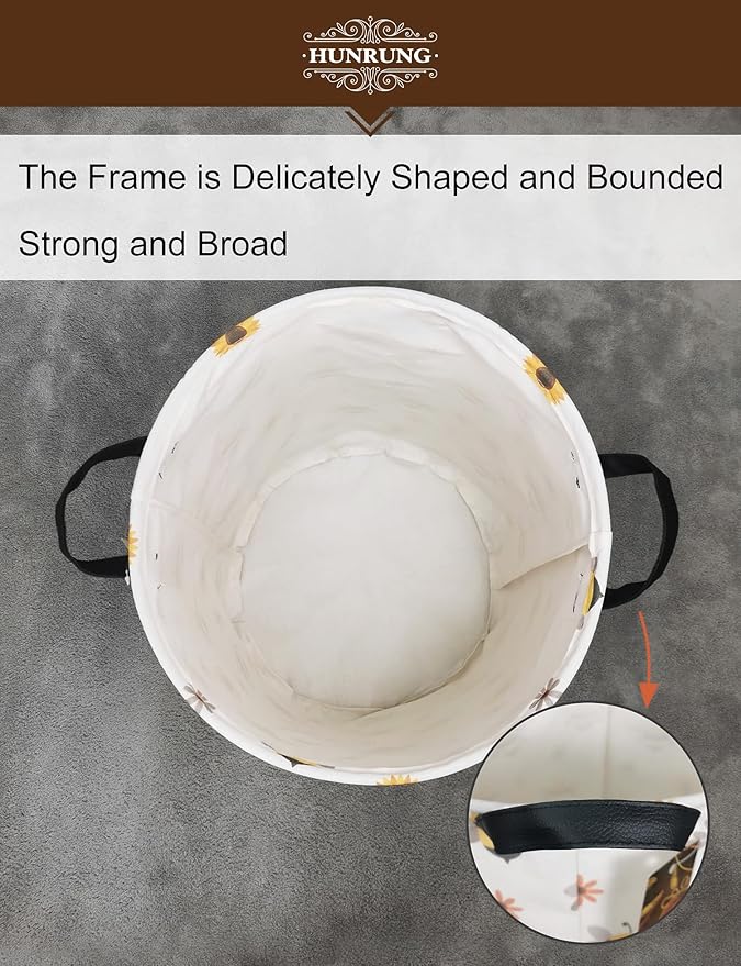 Collapsible Fabric Storage Basket, Waterproof Laundry Hamper with Handles, Round Storage Bin for Clothes Toys, Foldable Organizer for Bedroom Nursery Bathroom(Round-Bee)