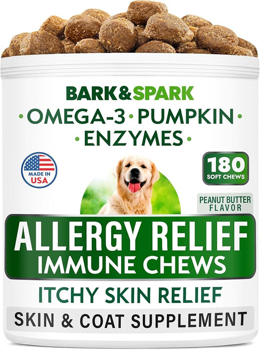 BARK&SPARK Dog Allergy Relief Soft Chews for Skin Health & Seasonal Allergies - Anti-Itch Supplement w/Omega-3, Quercetin & Bromelain Immune Treats for Dry Skin & Hot Spots - Peanut Butter - 180ct