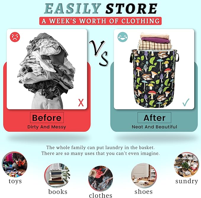 Mushroom Laundry Basket Foldable With Handles Colorful Tote Bag Oxford Cloth Portable Laundry Hamper Clothes Storage Bucket Toy Organizer 18.9"x16.5" For Bathroom/Laundry/Bedroom