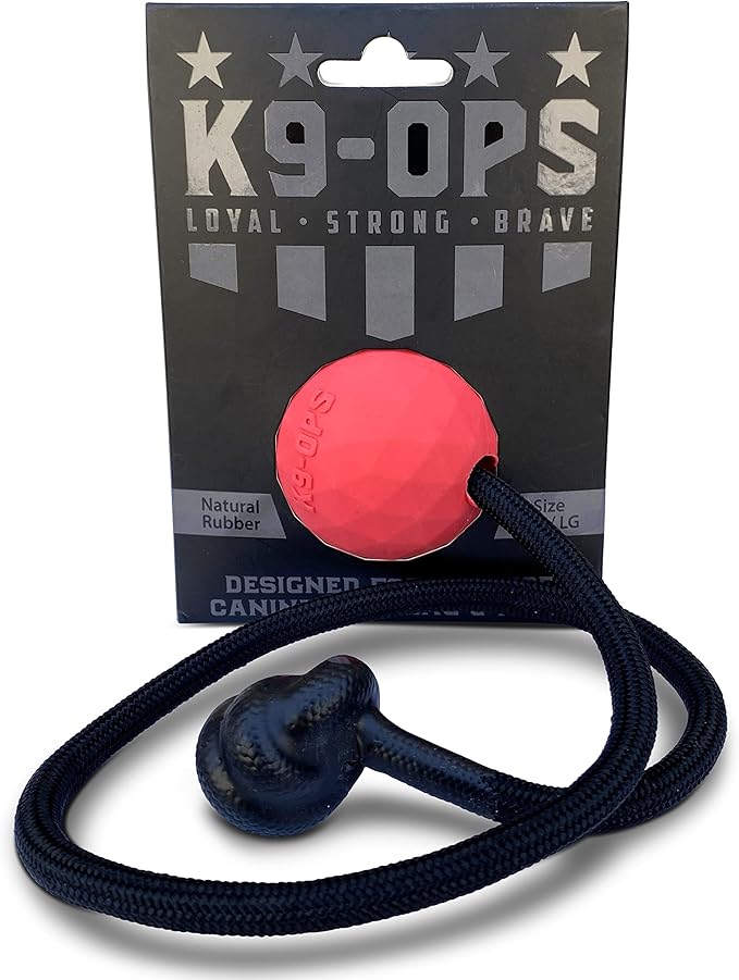 K9 Ops Dog Ball on a Rope Moki Tug Toy - Solid Rubber Fetch Training Reward - Large Dogs Tugs Durable Aggressive Chewers (Ruby Red, LG/XL)