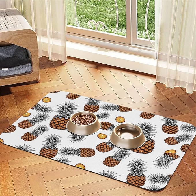 Yellow Pineapple Dog Mat for Food and Water Non Slip Feeding Mat for Dogs and Cats Floor Placemats