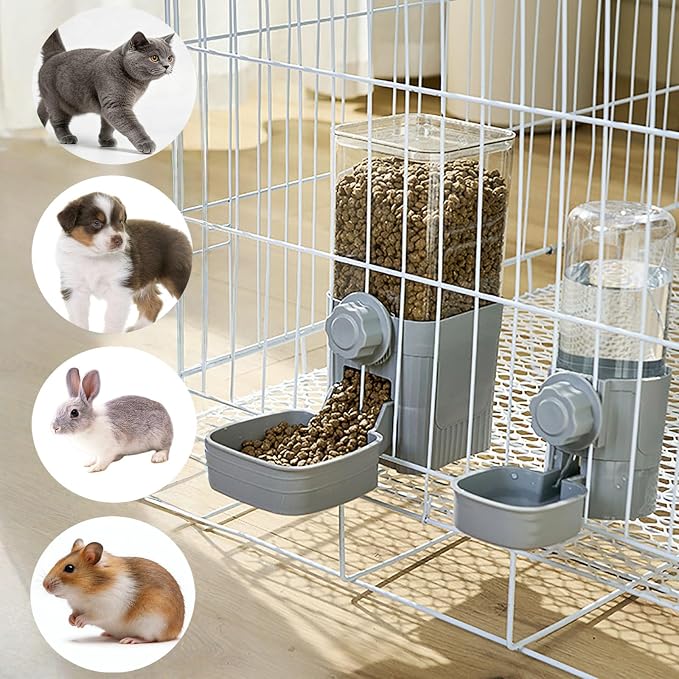 Hanging Automatic Food Water Dispenser,Rabbit Feeder Guinea Pig Water Bottle Food Feeder for Ferret Guinea Pig Rabbit Bunny Cage Accessories (Grey)