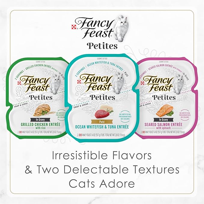 Fancy Feast Purina Petites Seared Salmon Entree with Spinach in Gravy Gourmet Wet Cat Food - 2.8 oz. Tubs,(Pack of 24)