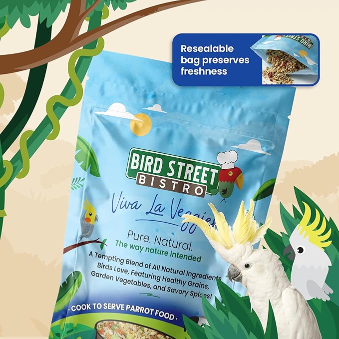 Bird Street Bistro Parrot Food for Parakeets & Cockatiels - Viva La Veggies - 24 oz - Cooks in 3-15 min, Natural Grains, Fruits & Vegetables - USA Made