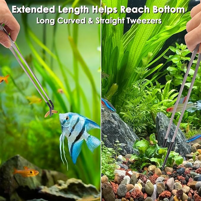 Reptile Feeding Tongs Long Tweezers, 4 Pack Stainless Steel Reptile Tweezers Set, 10.6" Straight & Curved Tweezers with Soft Rubber Tip, for Aquarium Terrarium, Crafts, Reptile Tank Accessories