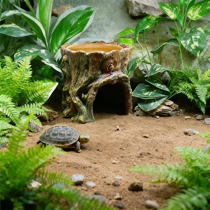 Reptile Hide Cave Hideout Habitat House Decor with Clay Water Basin Humidifying Help Shedding for Leopard Gecko Snake Ball Python Tortoise Toad Tarantula Frog