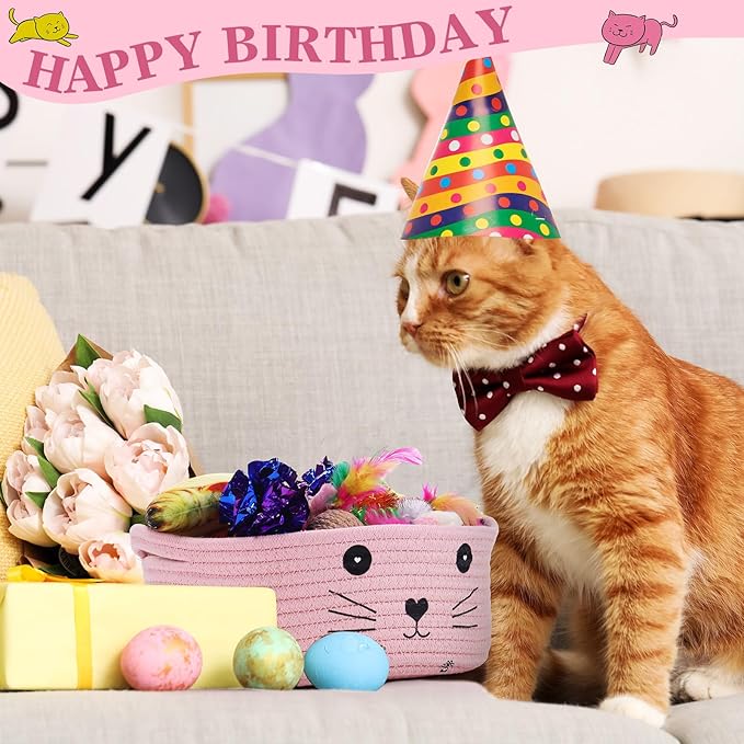 Zopeal 58 Pcs Mother’s Day Cat Storage Basket Gift Toys Set, Colorful Flashing Balls Pet Bell Crinkle Balls Spring Toys Attract Cat to Swat, Hunt, Interactive for Pet(Pink,9.8 Inch)