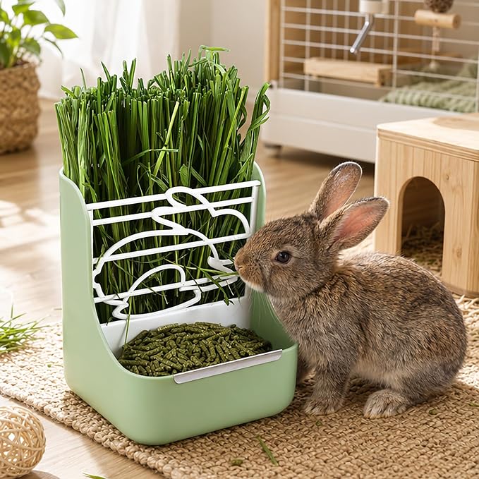 Rabbit Feeder, Hay Food Bin Feeder, Adjustable,Removable Grass Rack, Stainless Steel Edge, for Rabbit, Guinea Pig, Chinchilla (Green)