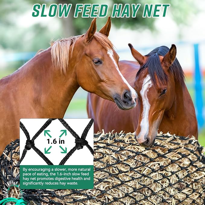 Square Bale Hay Nets for Horses, Premium PE Slow Feed Net with 1.6" Hole, Suitable for 36x18x18 to 45x25x17 Inches Hay Bales, Drawstring Closure for Easy Loading