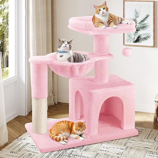 Allewie 29.5in Indoor Cat Tree, Multi-Level Cat Tower with Sisal Scratching Posts, Padded Perch, Basket, Condo, and Hanging Ball, Suitable for Kittens and Adult Felines, Pink