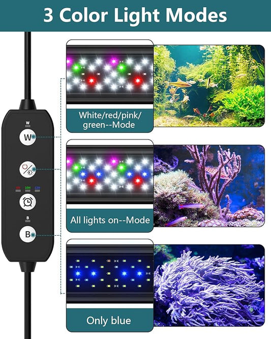 SEAOURA Led Aquarium Light for Plants-Full Spectrum Fish Tank Light with Timer Auto On/Off, 24-30 Inch, Adjustable Brightness, White Blue Red Green Pink LEDs with Extendable Brackets for Freshwater