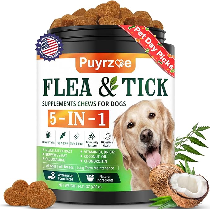 Puyrzoe 5-in-1 Dog Flea and Tick Treatment Chewable, Natural Flea and Tick Prevention for Dogs Chewable - Flea & Tick | Hip & Joint | Skin & Coat | Immunity Support | Digestive for All Breeds & Sizes