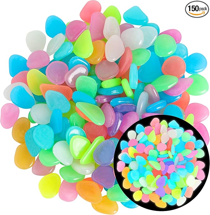 150 PCS Luminous Stones – Mixed Color Glow Rocks Decorations DIY Decorative Pebbles for Aquarium Fish Tank Sidewalk Garden Path Patio Terrace Lawn Yard Ornaments Colorful Cobbles Decor FD05MX150
