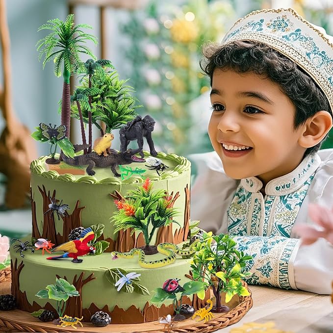 SIENON 39Pcs Realistic Rainforest Animal Figurines Set Rainforest Diorama Supplies with Gorilla Parrot Crocodile Capybara Jungle Animals Model Tree Playset for Kids School Project Birthday Decoration