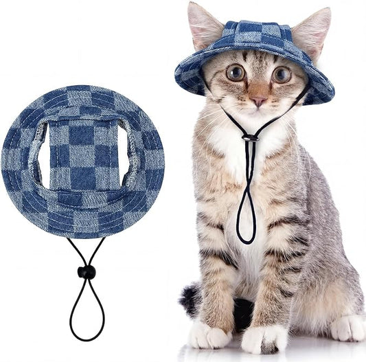 QBLEEV Cat Hats for Cats Only, Sphynx Hat with Ear Hole, Summer Cowboy Hats | Breathable kitten headwear mini sun sombrero caps, pet chihuahua sunscreen baseball outdoor climbing cap for birthday party
