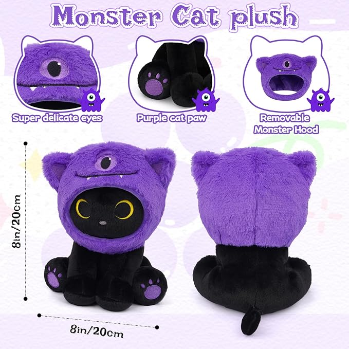 Black Cat Plush Toy, 8inch Cute Stuffed Cat with Purple One-Eyed Monster Removable Hood, Soft Toy Monster Kitten Plushie Kawaii Christmas Brithday Gifts for Girls Boys