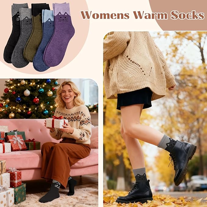 Justay 5 Pairs Womens Wool Socks Thick Warm Winter Socks Casual Cozy Socks Vintage Knit Crew Socks Gift for Women