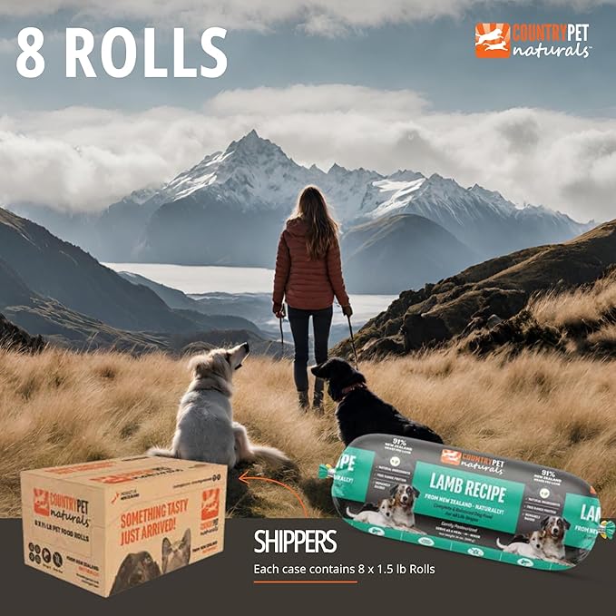 New Zealand Lamb Frozen Fresh Dog Food, 91% Grass-Fed Free-Range Meat, High-Protein, Gently Cooked, Grain-Free, Omega-3s, 8 Rolls (12 lb Case)