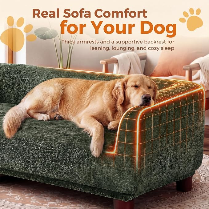 Dog Couch Sofa for Large & Extra Large Dogs, Elevated Pet Bed with Legs, Button Tufted Chenille Dog Couch with Backrest and Armrests, Modern Indoor Dog Furniture(Green, XXL - 55" x 28" x 15")