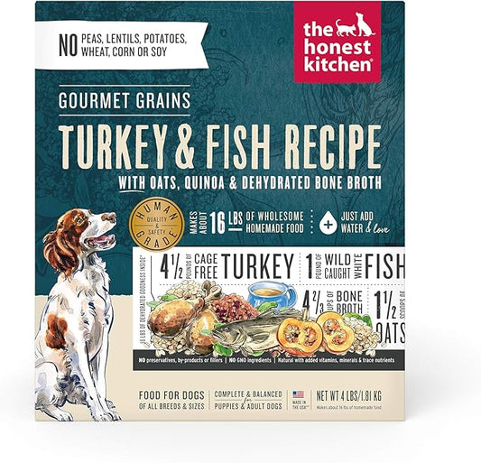 The Honest Kitchen Human Grade Dehydrated Dog Food, Gourmet Grains Turkey & White Fish Dog Food, 4 lb (makes 16lbs)
