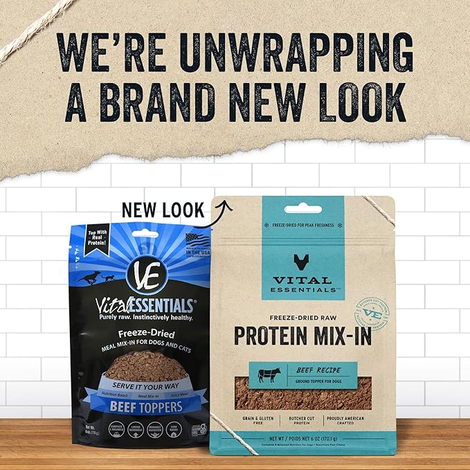 Vital Essentials Freeze Dried Dog Food Topper,Raw Beef Ground Topper for Dogs | Complete Meal or-Topper | High Protein,Grain Free Dry Dog Food Mix-in-| 6 oz Bag,(Pack of 2)