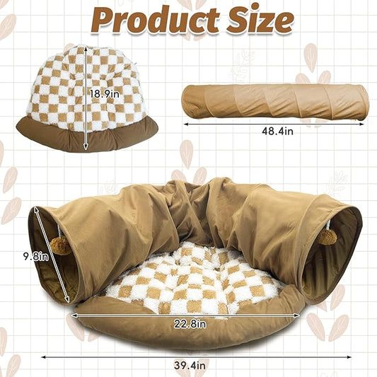 PINVNBY Bunny Tunnel Bed 2-in-1 Removable and Cozy Large Guinea Pig Hideout Tunnel Washable Small Animal Tunnels Tube Toys Guinea Pig Accessories for Rabbit Chinchilla Hedgehog Ferret (Khaki)