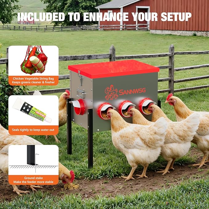 Chicken Feeders,68 lb Capacity 8 Port Automatic Chicken Feeder, Metal Chick Feeder with Locking Lid and Legs, Chicken Feeder for Chickens, Ducks, Geese