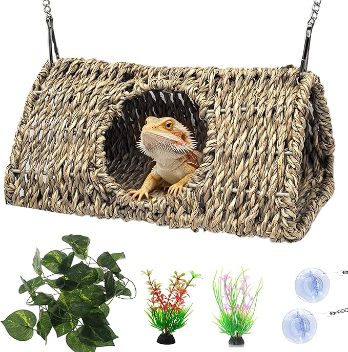 Reptile Hide Cave,Hollow Gecko Hide,Hanging Seagrass Fiber Bearded Dragon Hammock Swing Lizard Cage Climbing Toys with Suction Cups&Chains,Reptile Tank Decor with Simulation Plants-Triangle S