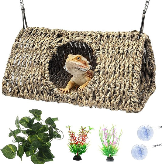 Reptile Hide Cave,Hollow Gecko Hide,Hanging Seagrass Fiber Bearded Dragon Hammock Swing Lizard Cage Climbing Toys with Suction Cups&Chains,Reptile Tank Decor with Simulation Plants-Triangle S