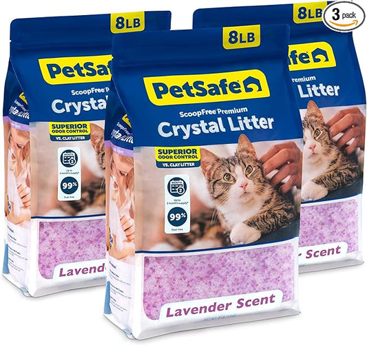 PetSafe ScoopFree Odor Control Crystal Cat Litter, Lavender Scent, 8 Lb Bag, Pack of 3