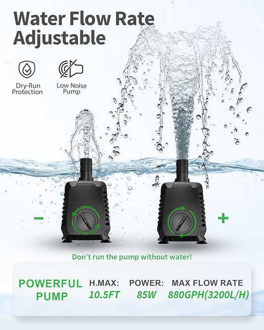 POPOSOAP 880GPH Submersible Pump(3200L/H, 85W), Ultra Quiet Fountain Pump with Over Heating Protection & Filter Sponge 10.5ft High Lift for Pond, Fish Tank, Aquarium, Hydroponics, Waterfall Q105
