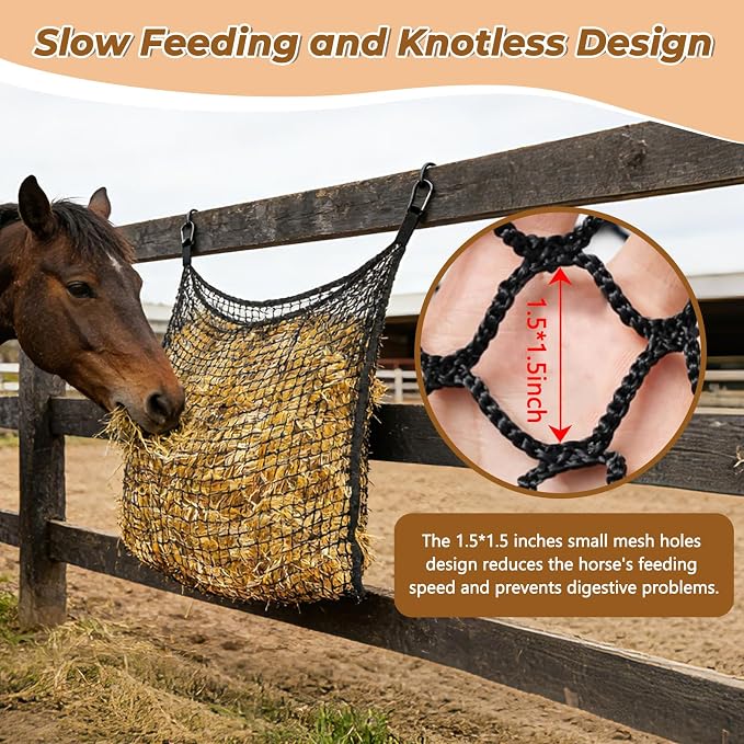 2 PCS Slow Feed Hay Net for Horses, Large Capacity Hay Bags with 4 Carabiner Clips and Gloves, Heavy Duty Slow Feeder for Horse Goat Sheep, Full Day Feeding for Stall Trailer, Black, 35 x 31 Inch