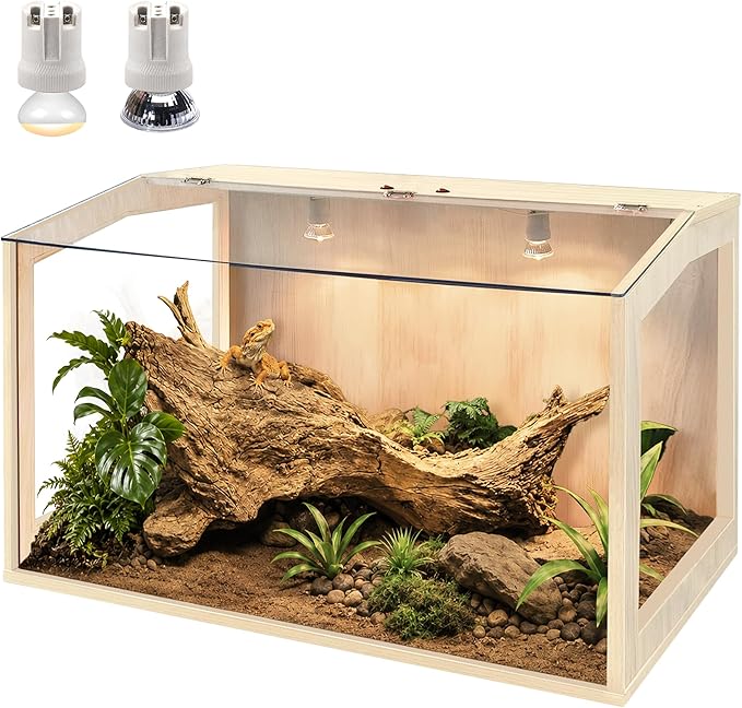 PROLEE Bearded Dragon Tank, Lizard Tank with Clear Tempered Glass Roof,Anti-Scratch Reptile Enclosure, Reptile Tank Built-in Light Fixtures with Switch (24X16X16inch,24 Gallon)