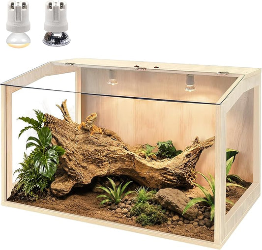 PROLEE Bearded Dragon Tank, Lizard Tank with Clear Tempered Glass Roof,Anti-Scratch Reptile Enclosure, Reptile Tank Built-in Light Fixtures with Switch (24X16X16inch,24 Gallon)