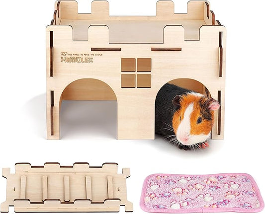 HIIMALEX Sturdy Guinea Pig Hideout Wooden Castle for Guinea Pig Chinchilla Hedgehog Gerbil Hamster Rat House Habitat for Playing and Hiding (Castle with Ramp & Mat)