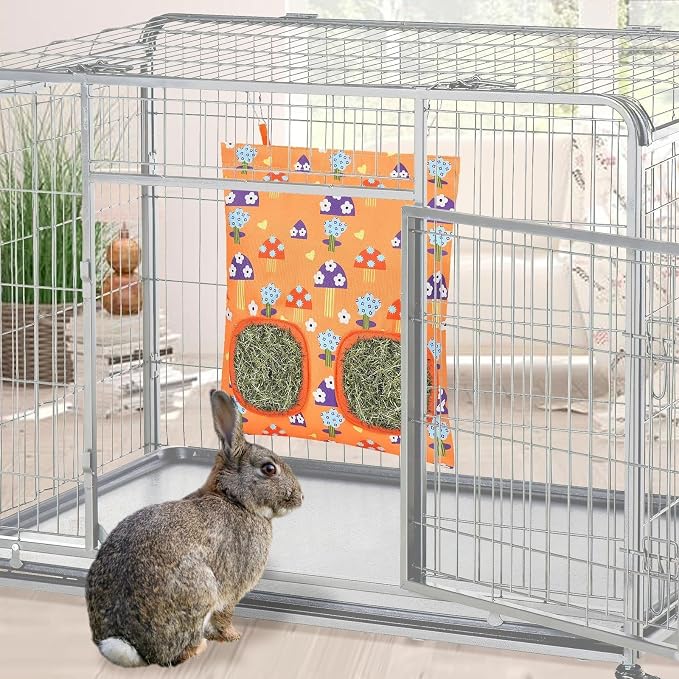 UPINS 3 Hay Bag for Rabbits, 2-Hole Hanging Hay Feeder for Chinchillas, Rabbits, Hamsters and Small Pets