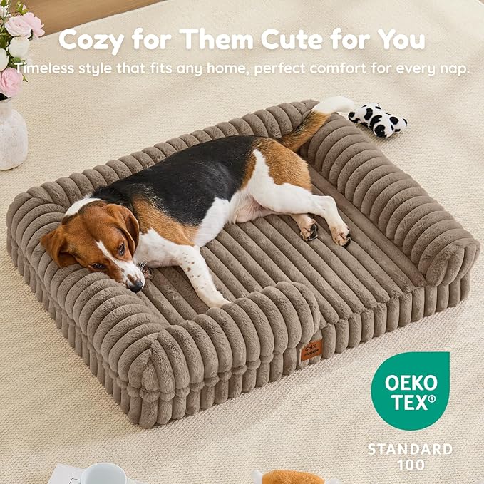 ChiXnuggle Orthopedic Dog Bed with Bolster Sides for Sleeping, Fluffy Plush Rectangular Dog Bed Large Sized Dog, Luxury Striped Faux Fur Waterproof Dog Couch with Removable Washable Cover, Taupe
