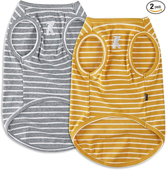 Koneseve Dog Shirt Vest Lightweight Stretchy Dog T-Shirts Soft Cool Shirts Sleeveless Stripe Vests Breathable Clothes for Puppy Kitty Cat Small Medium Large Dogs 2 Pack Yellow + Light Grey [M/Medium]