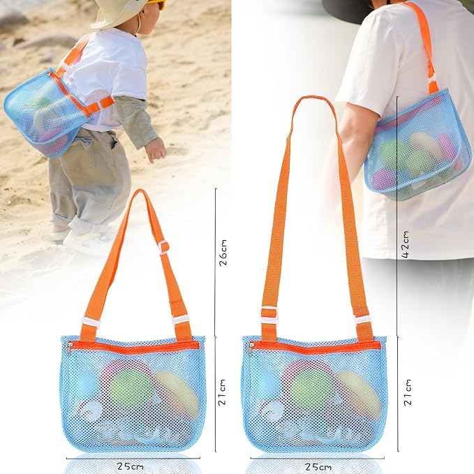 4 PCS Beach Mesh Shovel with Mesh Beach Bag for Shells Collecting and Filter Sand, Large Stainless Steel Sand Scooper for Picking Up Fossils, Big Shark Tooth Sifter Dipper Sand Toy for Kids and Adults