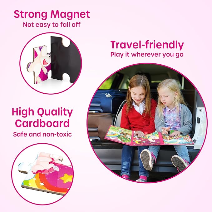 SYNARRY Unicorn Princess Fairy Magnetic Puzzles for Toddlers 3-5 Girls, 20 Pieces Travel Puzzles for Kids Ages 4-6, Easter Basket Stuffers for Kids, Car Airplane Road Trip Activities Magnet Games Toy