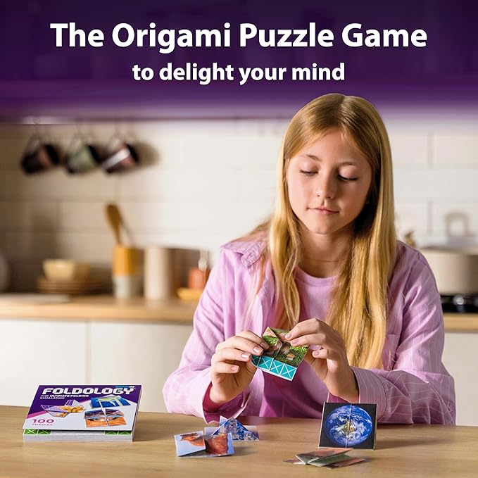 FOLDOLOGY - The Origami Puzzle Game! Brain Teasers for Tweens, Teens & Adults | Easter Basket Stuffer, Gift for Ages 10+, Travel Game, STEM Toy | Fold the Paper, Complete the Picture | 100 Puzzles
