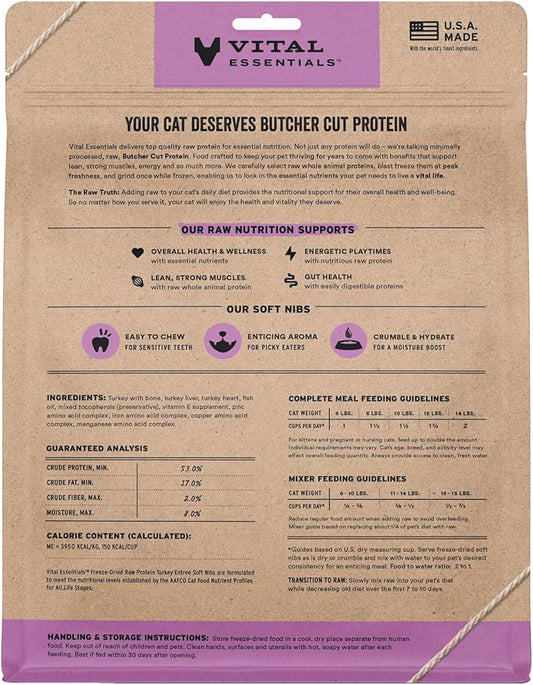 Vital Essentials Freeze Dried Cat Food, Raw Turkey Soft Nibs | Complete Meal or Topper | 99% Turkey, Organs & Bone | Limited Ingredient, High Protein, Grain Free Dry Cat Food | 12 oz Bag